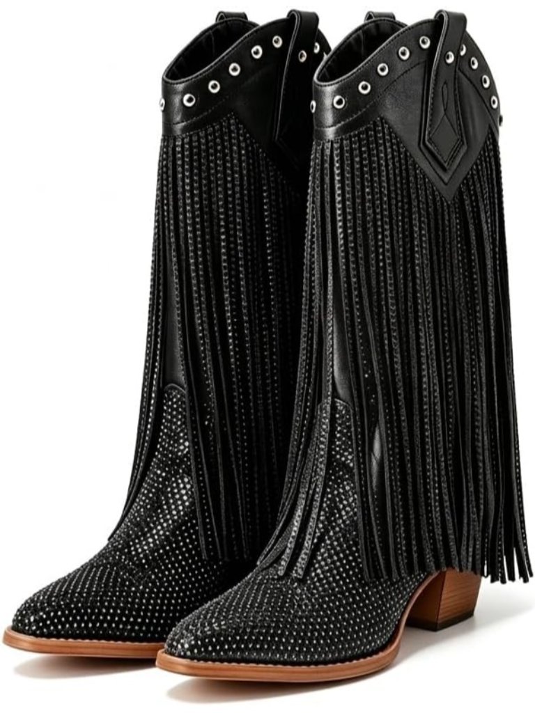 Women's Black Rhinestone Cowgirl Boot Sparkly Pointed Toe Fringe Chunky Heel